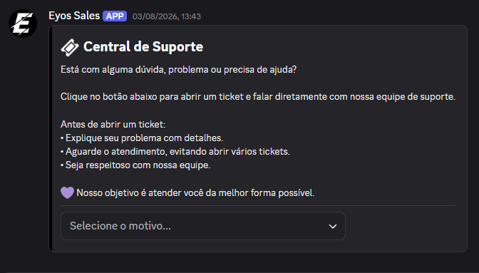 Exemplo do Eyos Ticket funcionando no Discord